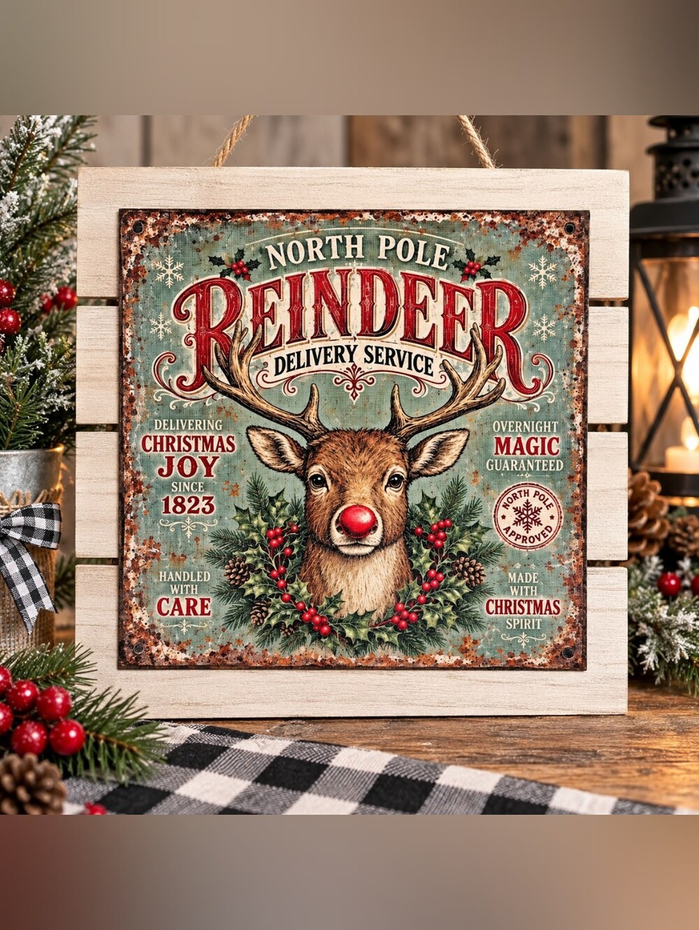 Hand Crafted Reindeer Delivery Service Sign - Red, Green, Cream